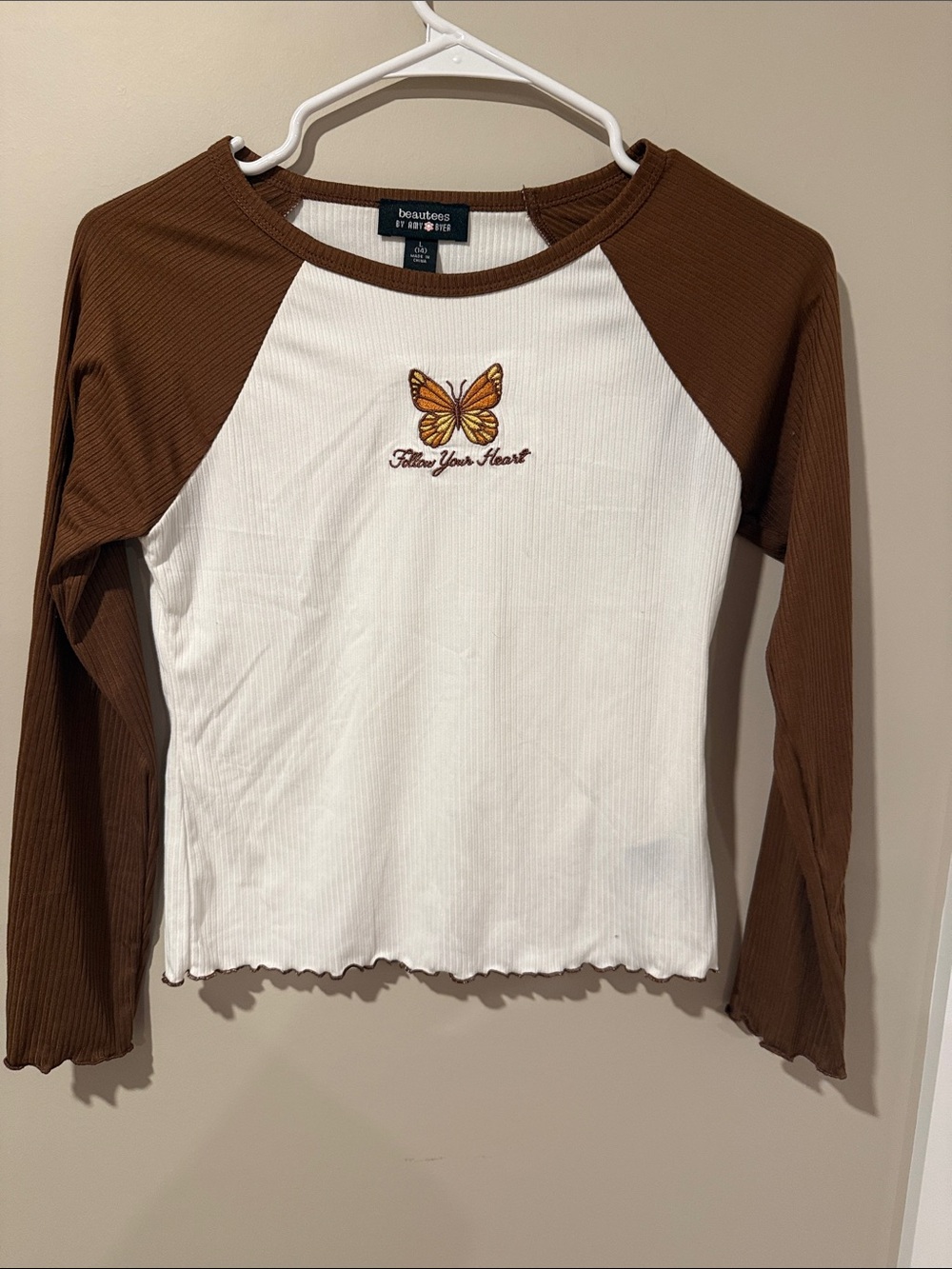 Beautees Brown & White Raglan Long Sleeve Tee with Butterfly